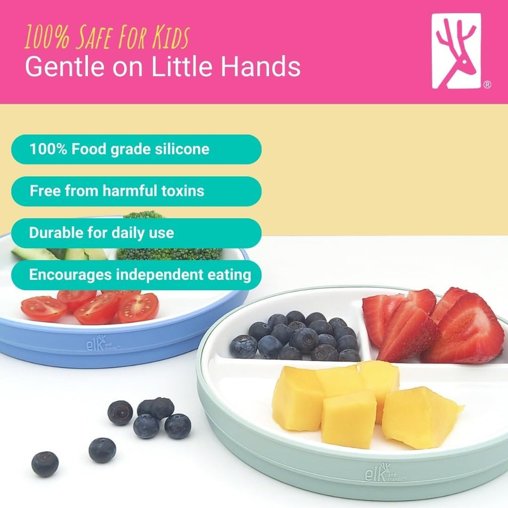 Elk and Friends Kids 7.8” Porcelain Divided Plates with Silicone Sleeves | Suitable for Babies/Kids/Toddlers | Microwave & Dishwasher Safe | Non Slip | Snack Dishes