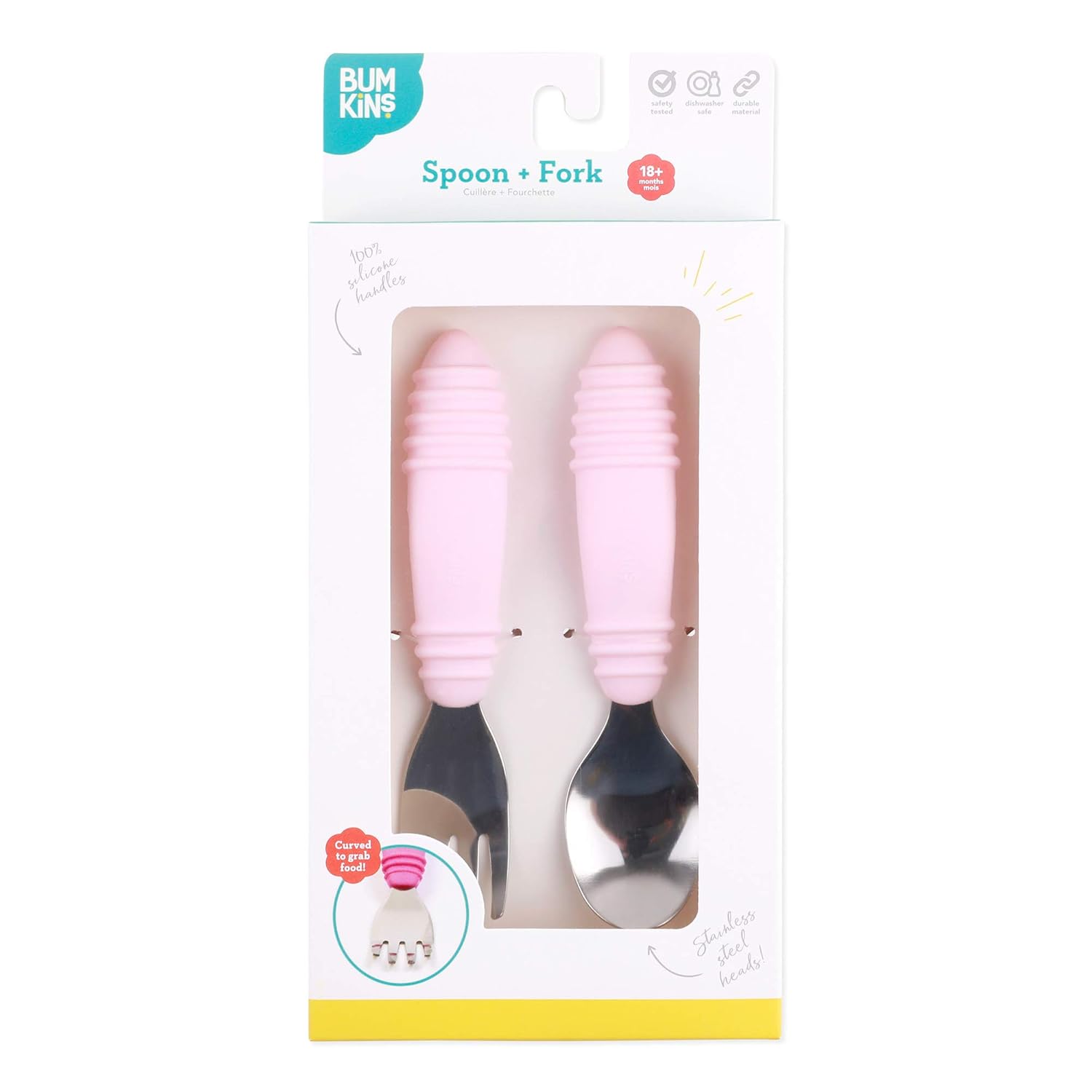Bumkins Toddler Utensils, Kids Fork and Spoon Set, Silicone and Stainless-Steel Silverware, Angled Forks / Sporks for Self-Feeding, Children Training Flatware Cutlery for 18 Months Up, Pink