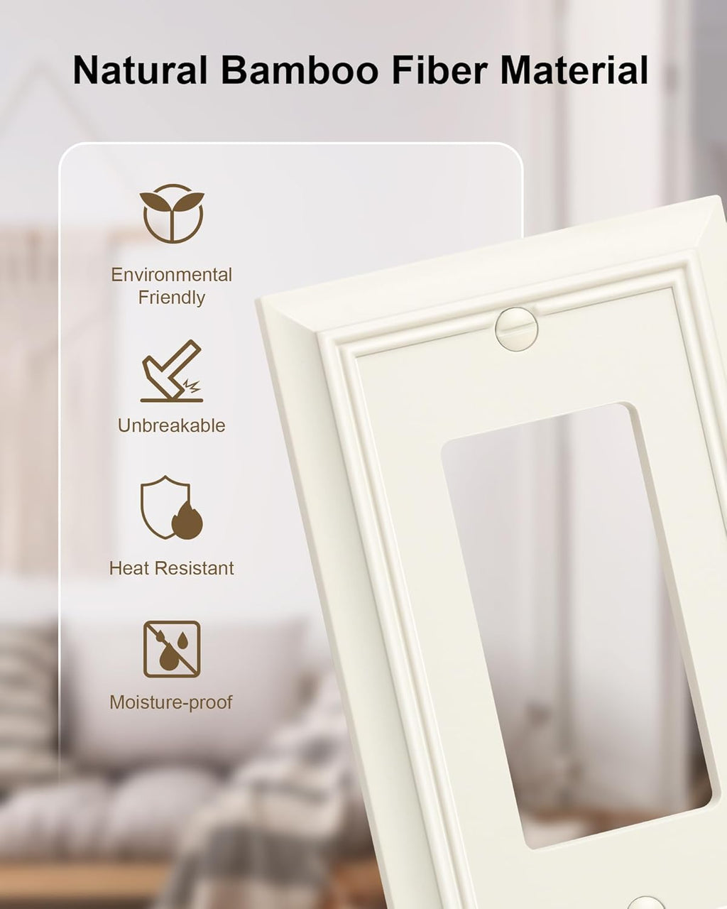 4-Pack Decorator Wall Plate Cover, Light Almond Decorative Switch Plates and Outlet Covers, Durable Natural Bamboo Fiber Wall Plates for Electrical Outlets, Receptacle, GFCI Outlet, Dimmer Switch