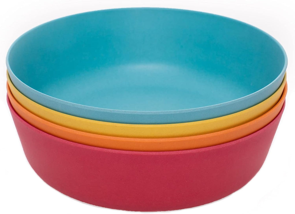 WeeSprout Bamboo Kids Bowls, Set of Four 15 oz Kid-Sized Dinnerware, Cereal, Leftovers & Snack Bowl, Dishwasher Safe (Blue, Yellow, Orange, & Red)