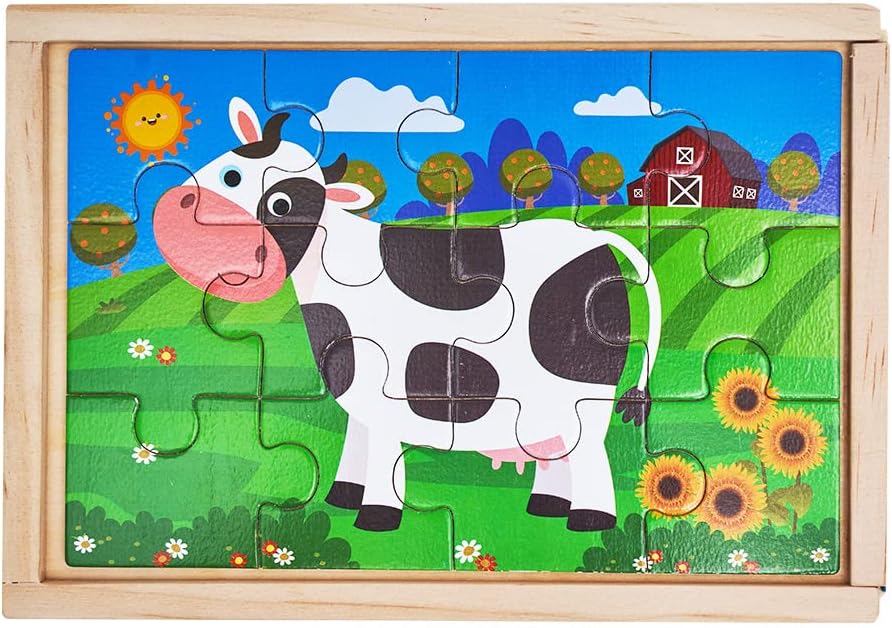 OLYDAUS Wooden Jigsaw Puzzles - Farm and Wild Animals - Set of 8 Puzzles - Preschool Kids and Toddlers Age 3 4 5