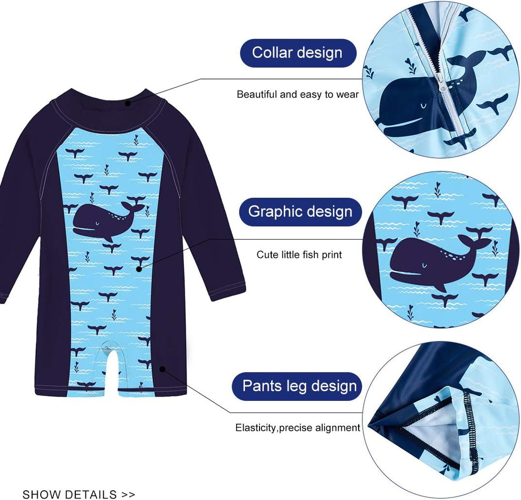uideazone Baby Boys One Piece Swimsuit Long Sleeve UPF 50+ Rash Guard Bathing Suit Swimwear with Sun Hat 0-24 Months