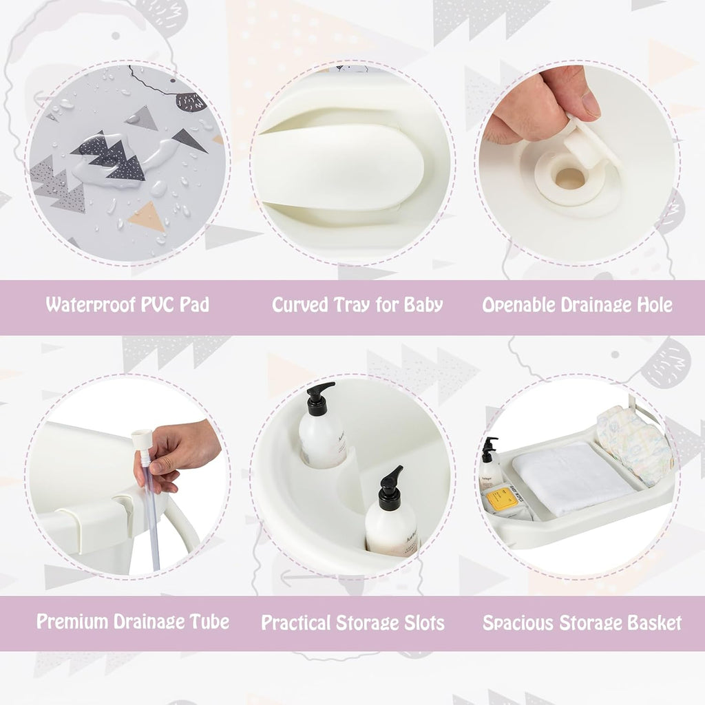 BABY JOY Baby Bathtub with Changing Table, Foldable Infant Diaper Changing Station with Storage Tray, Waterproof Pad, Portable Newborn Nursery Organizer Bath Stand with 4 Universal Wheels (White)