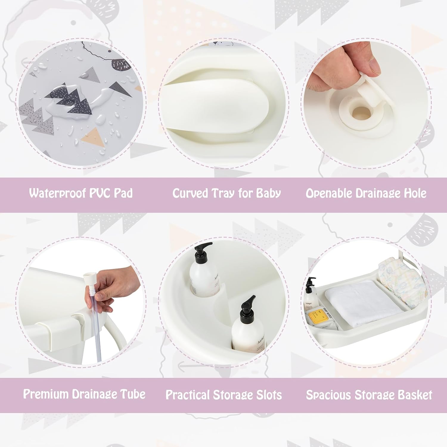 BABY JOY Baby Bathtub with Changing Table, Foldable Infant Diaper Changing Station with Storage Tray, Waterproof Pad, Portable Newborn Nursery Organizer Bath Stand with 4 Universal Wheels (White)