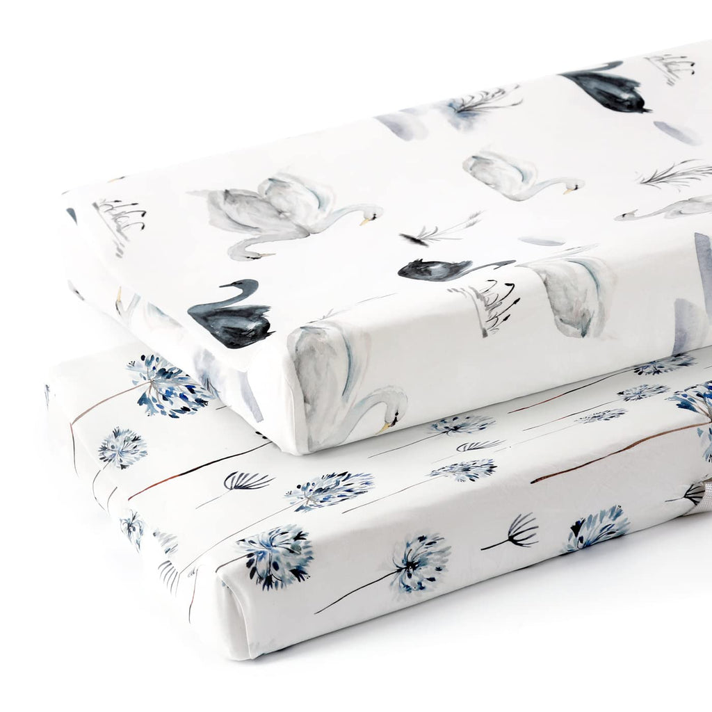 GRSSDER Stretch Ultra Soft Jersey Knit Changing Pad Cover Set 2 Pack, Change Table Pad Covers Fit 32"/34" x 16" Pads Safe and Snug, Pretty Swan/Watercolor Dandelion for Baby