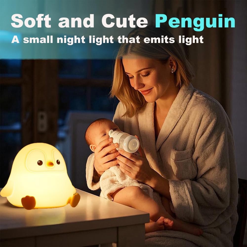 Cute Penguin Night Light for Kids Bedroom, Animal Silicone Nursery Night Lamp Touch Control Nightlights USB Rechargeable Bedside Lamp for Baby Children Toddlers Girls Gift