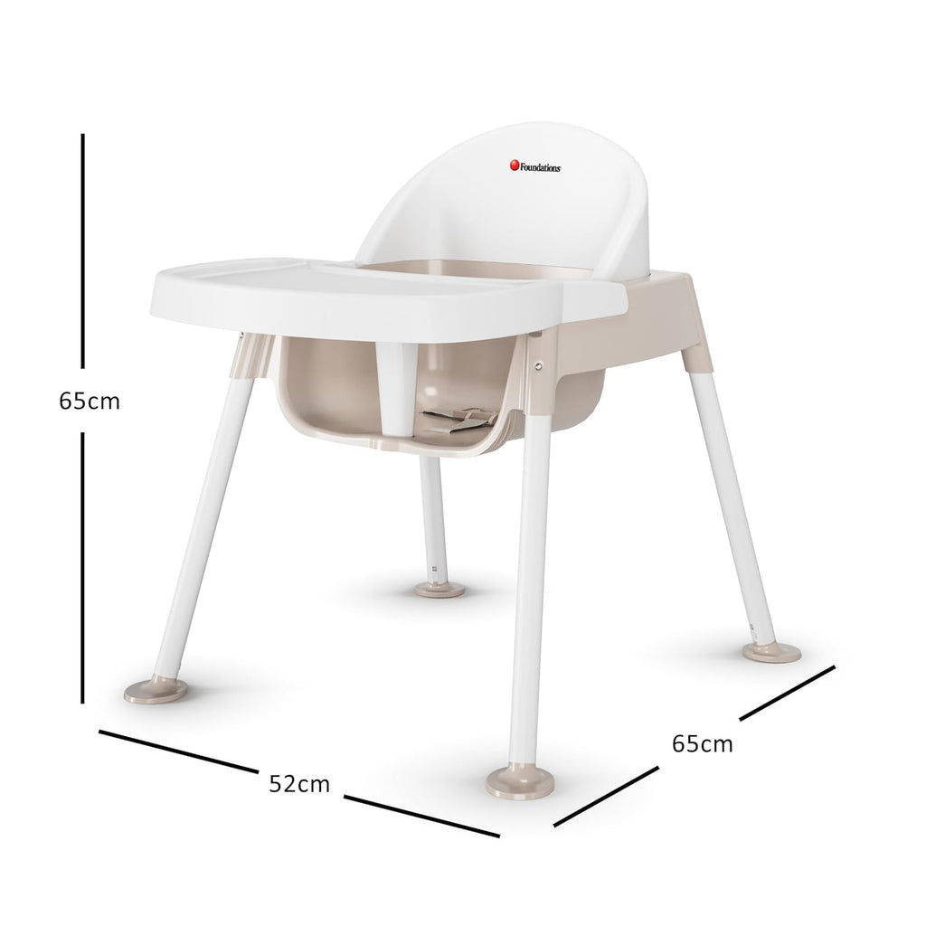 Foundations Secure Sitter 13" Feeding Chair, Stable “No Tip” Feet, 3-Point Adjustable Harness, Removable Tray, Easy to Clean, Smooth Plastic (White/Tan)
