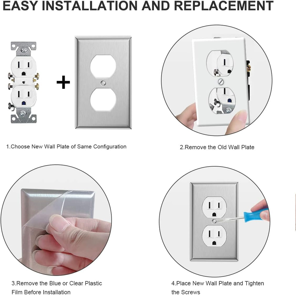 4-Pack Single Duplex Wall Switch Plate Outlet Cover - Stainless Steel Decorator Receptacle Outlet Plate Covers - Brushed Finish - Silver