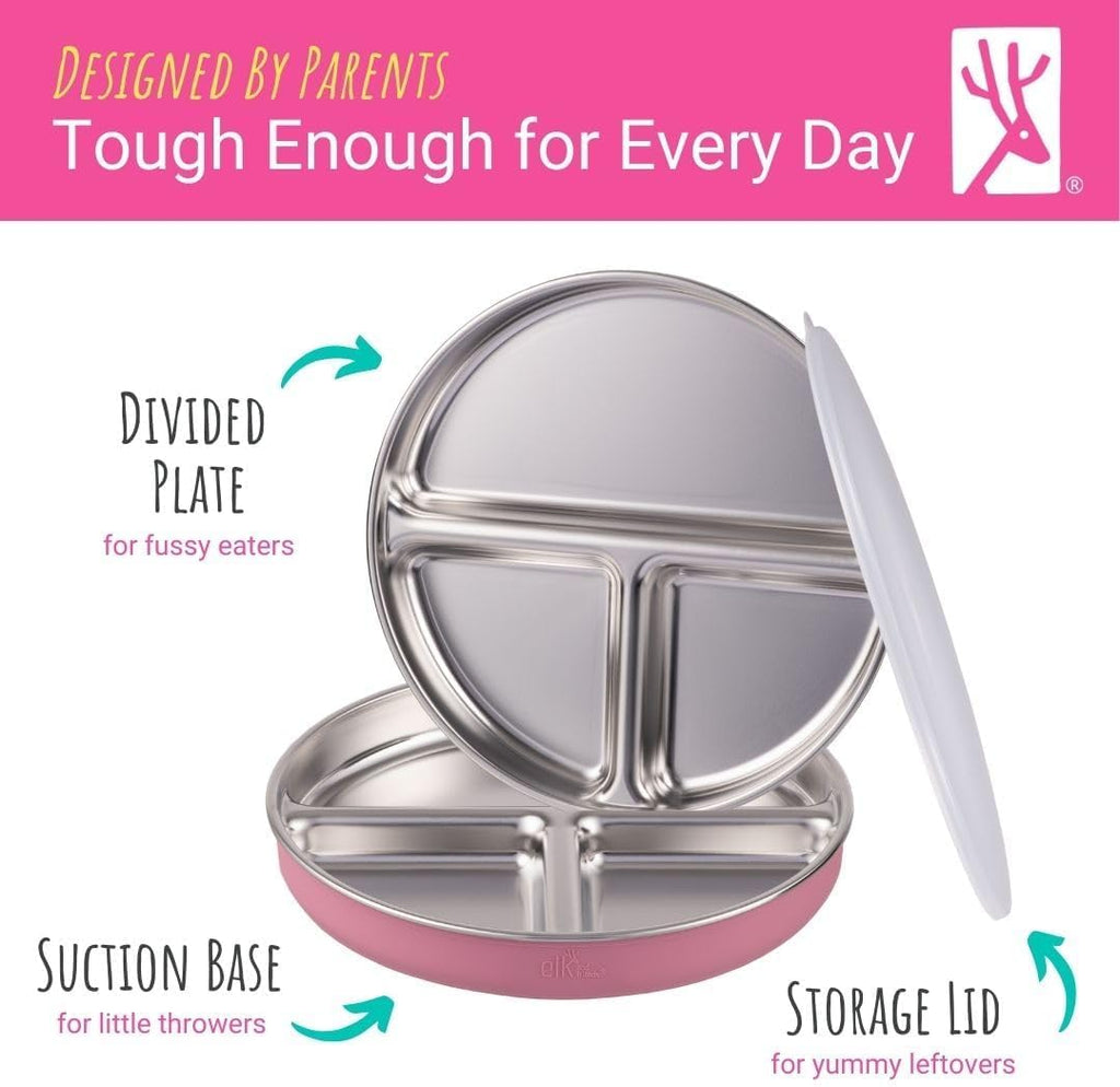 Elk and Friends Stainless Steel Divided Plates with Silicone Sleeve for Babies & Toddlers | Lids Included | Stay Put Suction | Dinner & Snack Plates | 4 Pack