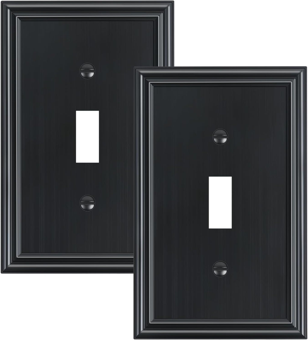 2-Pack Single Toggle Light Switch Cover Plate, Durable Solid Zinc Alloy Decorative Switch Plate Covers, Black 1 Gang Wall Plate, Corrosion Resistant