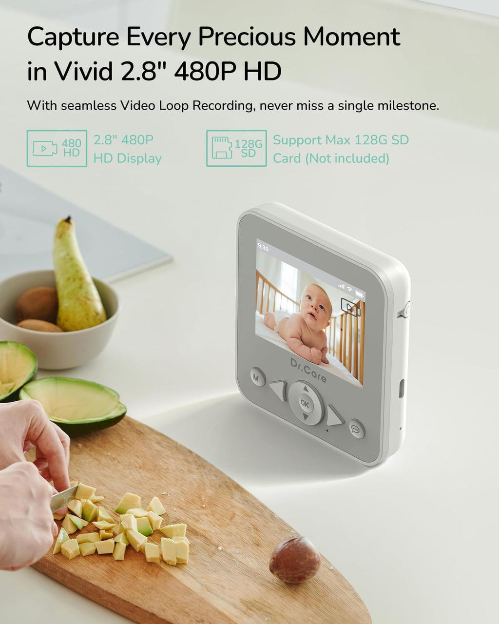 NeoView Video Baby Monitor with 2 Cameras, 2.8” Screen, 2-Way Audio, Video Loop Recording, Night Vision, Real-Time/VOX Monitoring, Temperature Sensor, Lullabies, Belt Clip Design