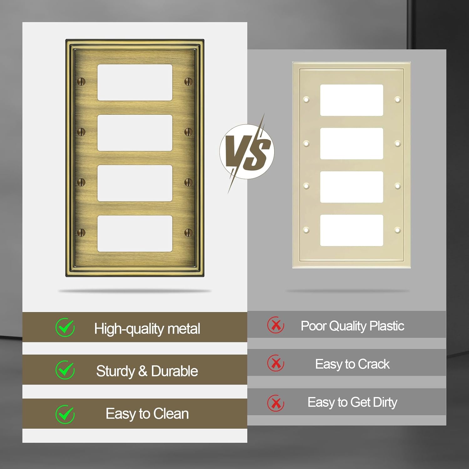 2 Pack Quad Decorator Switch Covers Wall Plate, Antique Brass Metal Material Rocker Switch Plates, 4 Gang Wall Plate for Receptacle, GFCI Outlet, Dimmer Switch - Classic Style