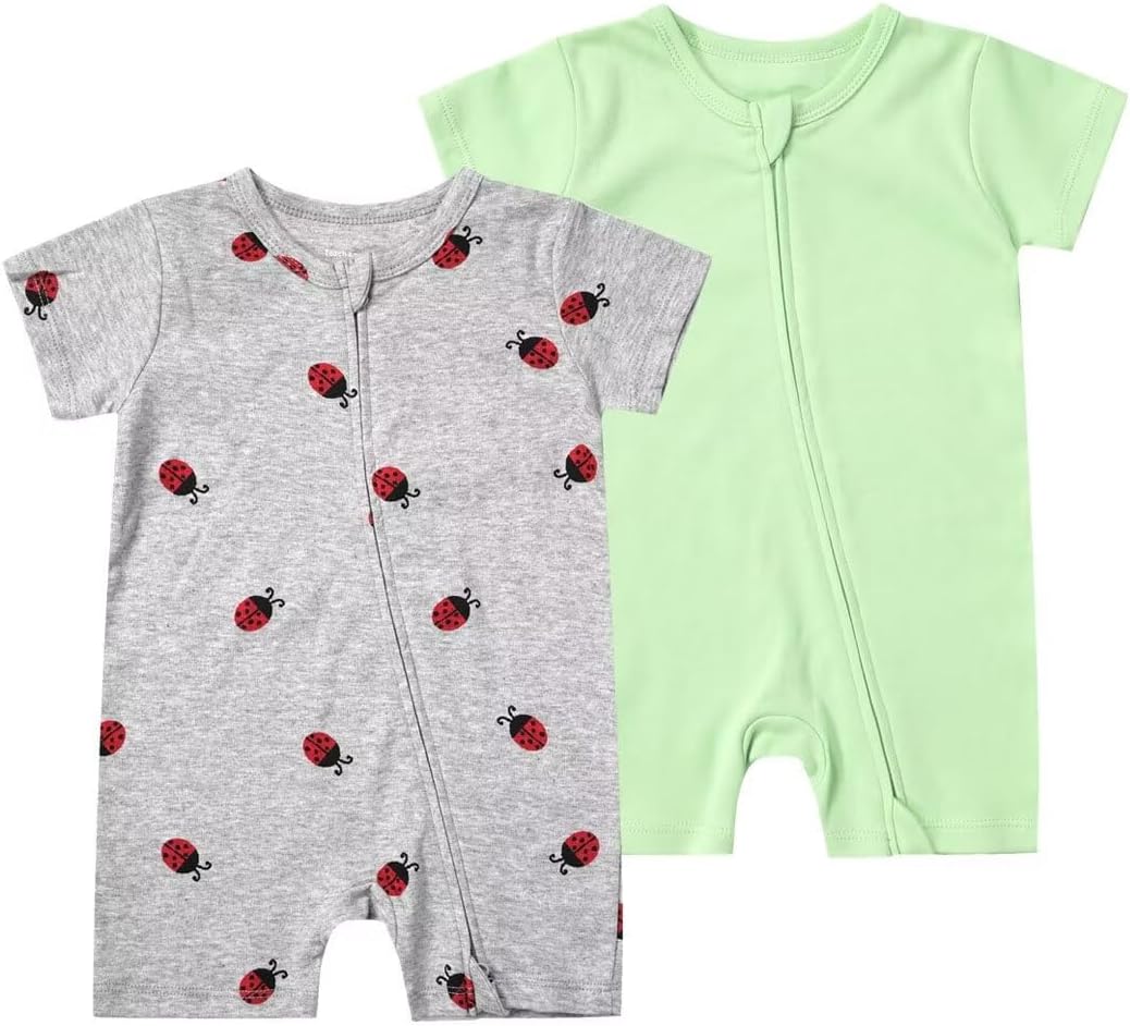 Teach Leanbh Unisex Baby 2 Pack Pajamas Cotton Short Sleeve 2 Way Zipper Printing Soild Romper Jumpsuit Sleep and Play