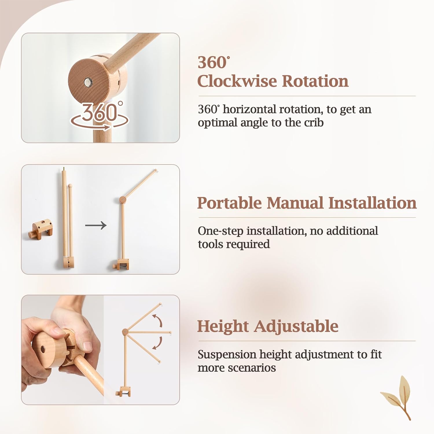 Baby Crib Mobile Arm - Wooden Mobile Arm with Height Adjustable＆360° Rotatable Upgraded Arched Base Nursery Mobile Holder for Crib Mobile Hanger Baby Crib Attachment Nursery Decor