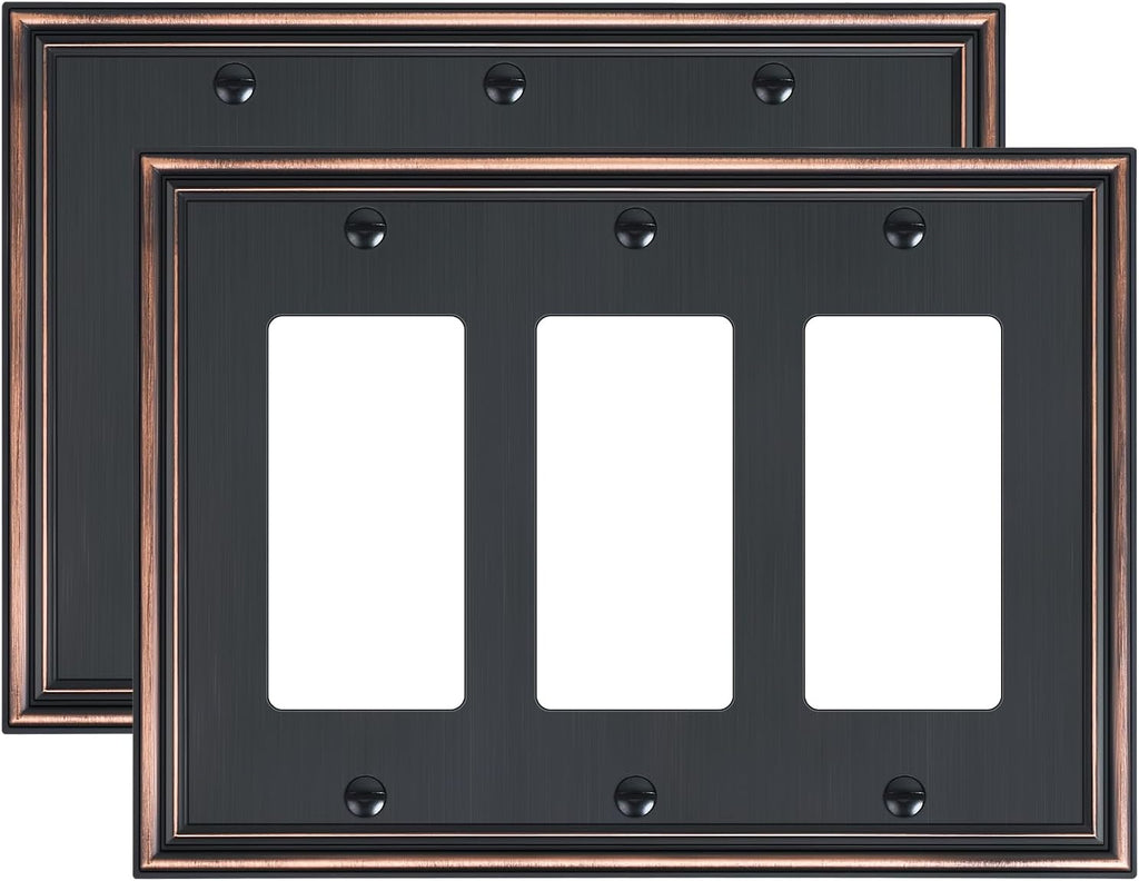 2-Pack Decorative Tripple Decorator Outlet Cover Plate, Durable Zinc Alloy Aged Bronze Wall Plates for Electrical Outlets, Receptacle, GFCI Outlet, Dimmer Switch, 3-Gang, Corrosion Resistant
