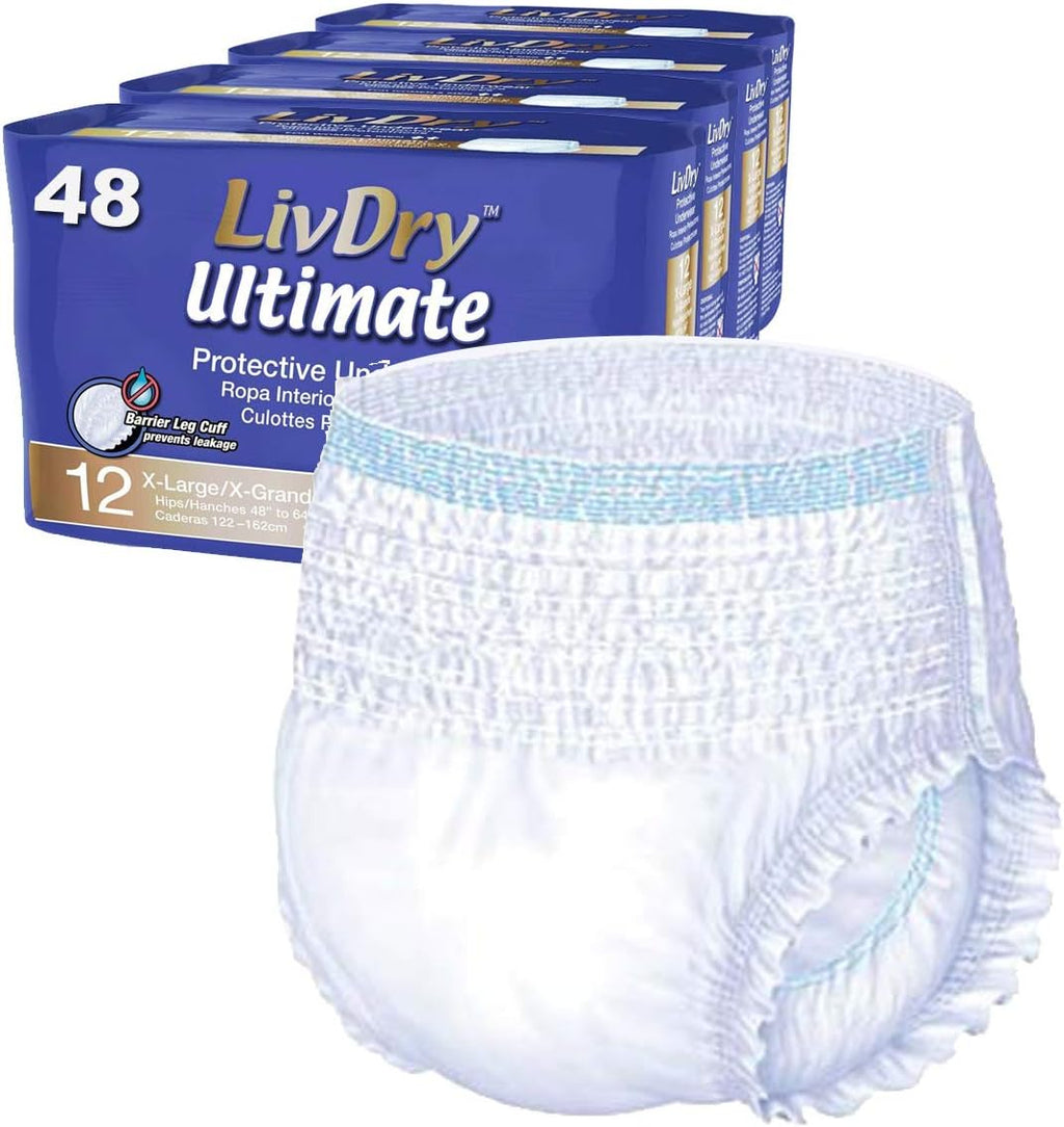 LivDry Ultimate XL Adult Incontinence Underwear, High Absorbency, Leak Cuff Protection, X-Large, 48-Pack