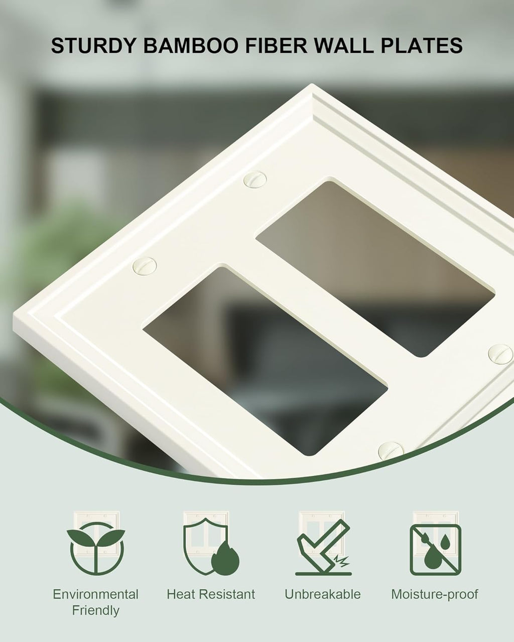 2-Pack Double Decorator Outlet Cover Plate, Light Almond Modern Decorative Switch Plates and Outlet Covers, Natural Bamboo Fiber Wall Plates for Electrical Outlets