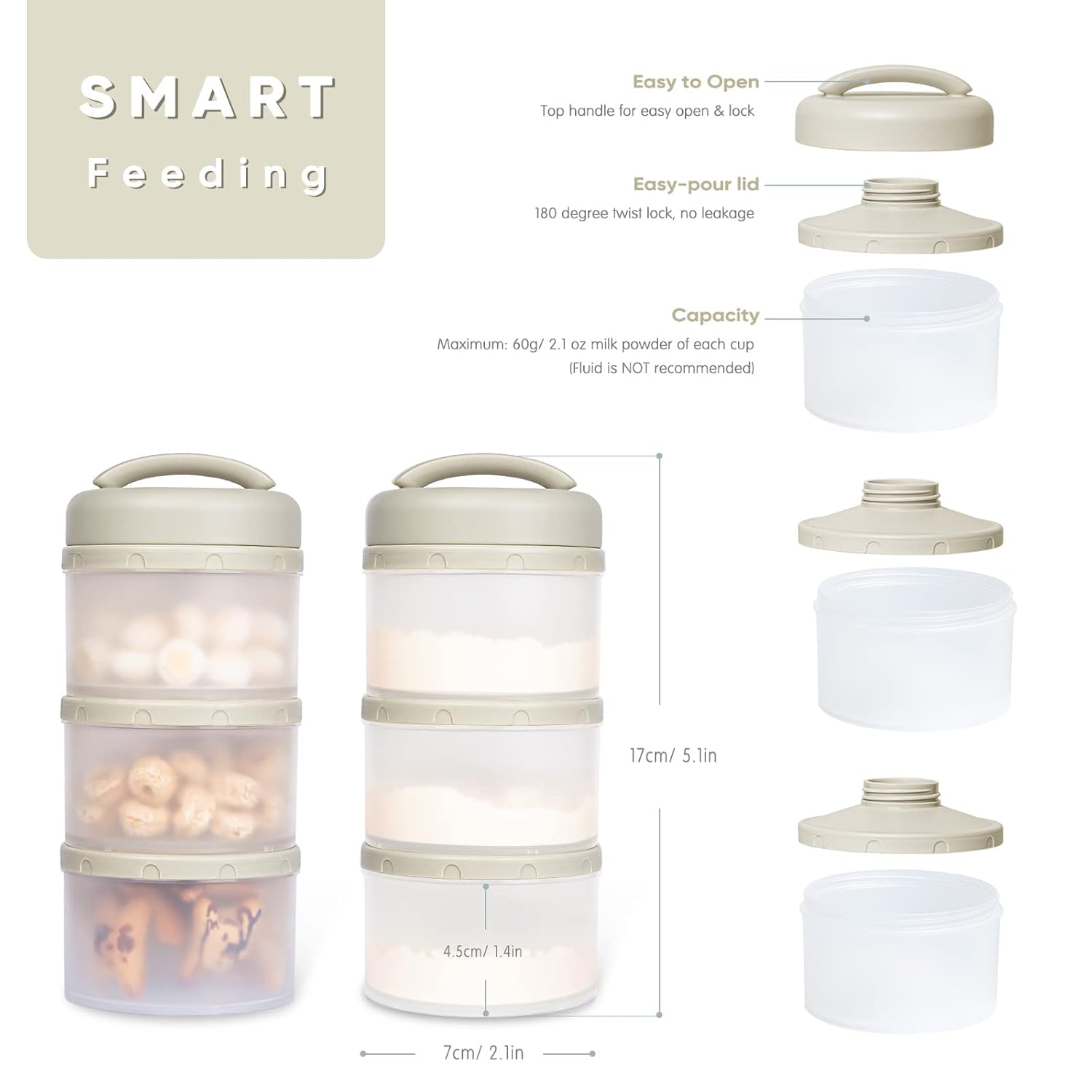 Termichy Stackable Formula Dispenser Portable Milk Powder Container, 2 Pack, Warm Grey