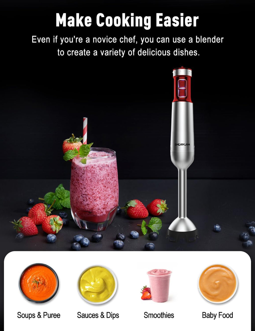 Powerful Immersion Blender handheld, 2025 New Update Hand Blender, Scratch-Resistant Corded Hand Mixer with Heavy-Duty Copper Brushless Motor and Gift Box Red