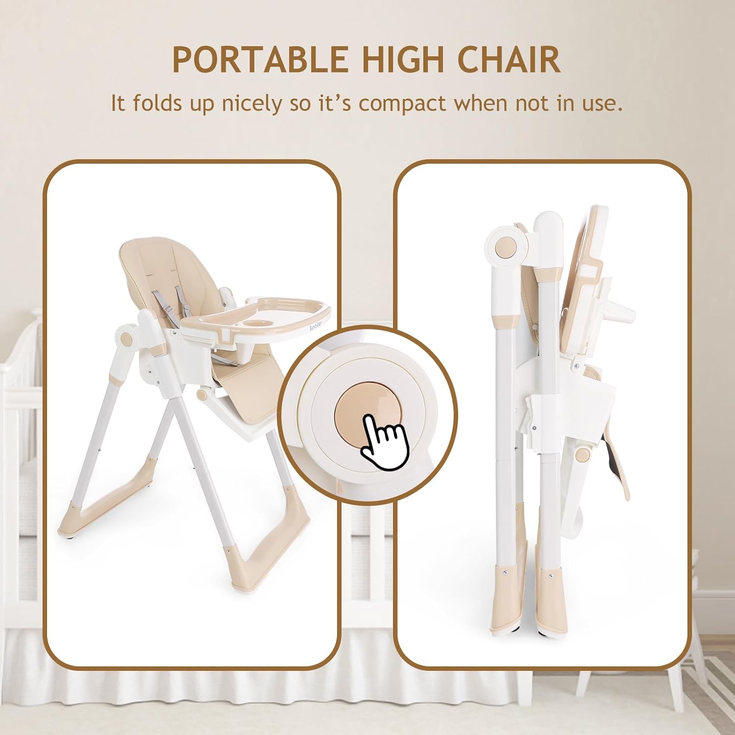 3 in 1 Baby High Chair with Wheels, Adjustable 5 Point Harness, Tray, Foot Rest, Backrest and Seat Height, Foldable High Chair for Toddlers, Beige