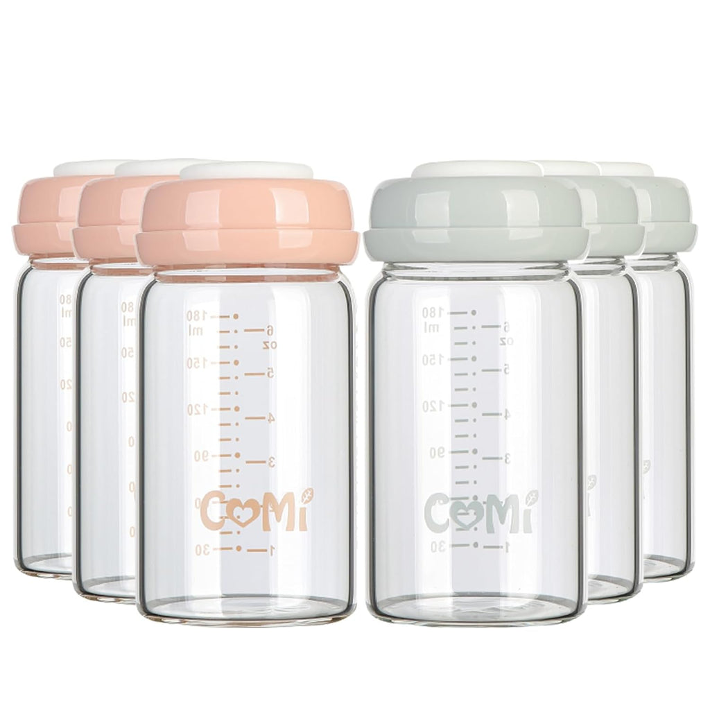 COMI Wide Neck Glass Breastmilk Collection n Storage Bottle, 4 Packs, 6oz with Screw Ring Sealing Disk; Re-markable Sealing Disc. BPA Free, Fits Breast Pumps & Nipples (3 Gray Lids + 3 Pink Lids)
