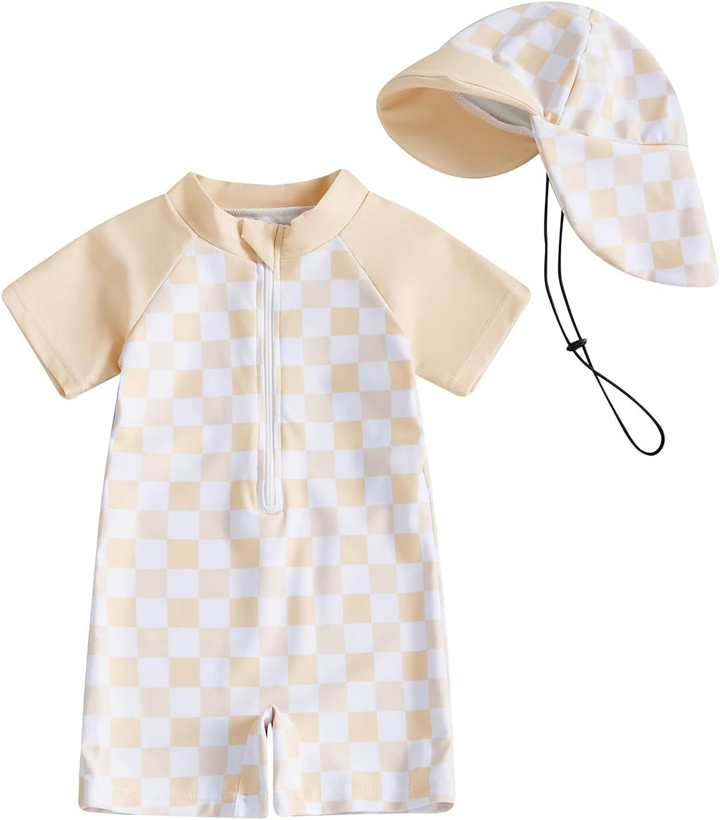 MAYUMMPY Baby Boys Girls Swimwear Casual Zipper One Pieces Rash Guard Swimsuit and Hat Beachwear Bathing Suit