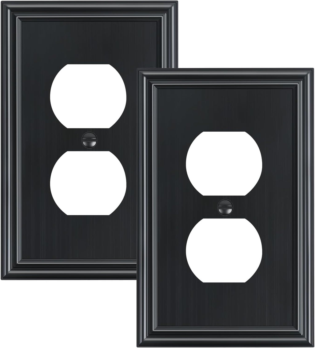 2-Pack Single Duplex Outlet Cover Plate, Decorative Black Switch Plates and Outlet Covers, Metal Wall Plates for Electrical Outlets, 1 Gang Receptacle Cover, Corrosion Resistant