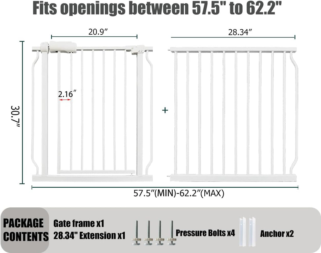 Extra Wide Baby Gate, 57.5-62 Inch - White Metal, Pressure Mounted Indoor Safety Gate, Walk-Through Dog Gate for Kids & Pets