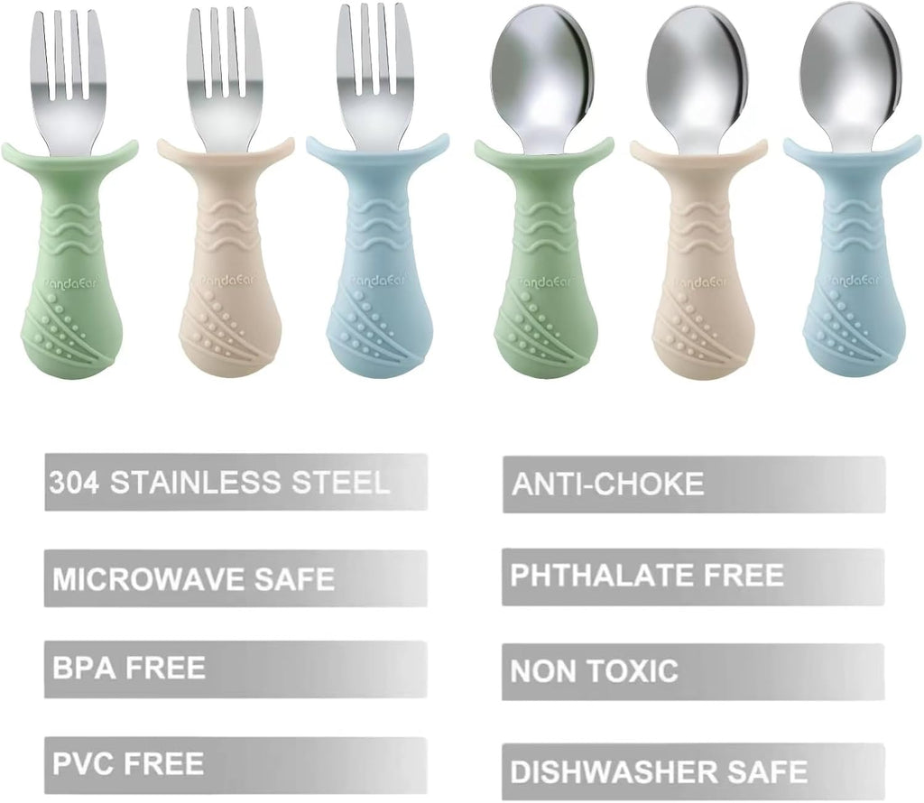 PandaEar Baby Toddler Fork and Spoon Utensil Set, 6 Pack Silicone Stainless Steel Silverware Spoon Fork for Babies Toddler, BPA Free with Silicone Holding Anti-Choke Design (Green Blue Brown)