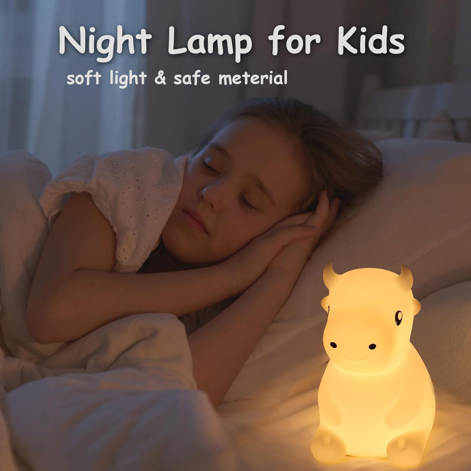 Night Light for Kids, Cute Night Lamp Bedroom Cow Nightlight for Baby Girl Boy Teem, Battery Powered Silicone Animal Night Lamp Christmas Birthday Gifts