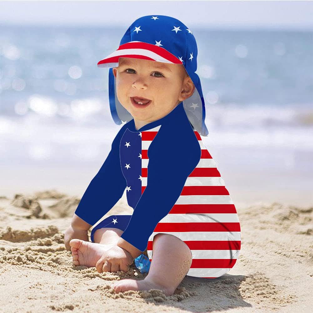 uideazone Baby Boys One Piece Swimsuit Long Sleeve UPF 50+ Rash Guard Bathing Suit Swimwear with Sun Hat 0-24 Months