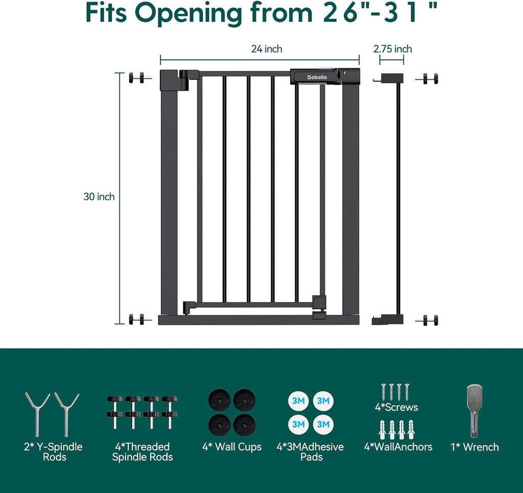 BABELIO Baby Gate for Doorways and Stairs, 26-31" Pet Gate with Wide Walk Thru Door and Lock Indicator, No Drill Pressure Mounted Safety Gate with Double Lock and Self-Closing, Black