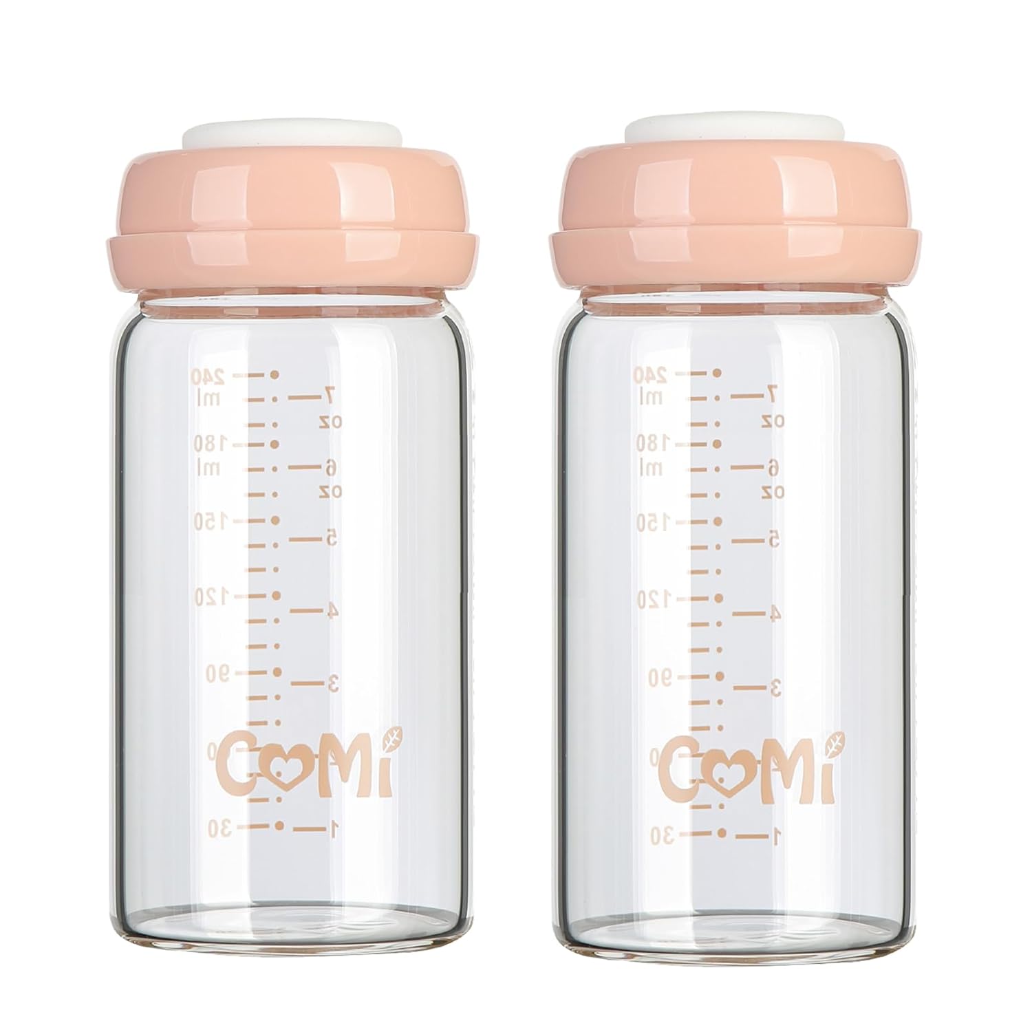 COMI Wide Neck Glass Breastmilk Collection n Storage Bottle, 8oz with Screw Ring Sealing Disk; Re-markable Sealing Disc. BPA Free, Fits Breast Pumps & Nipples (2 Pink Lids)