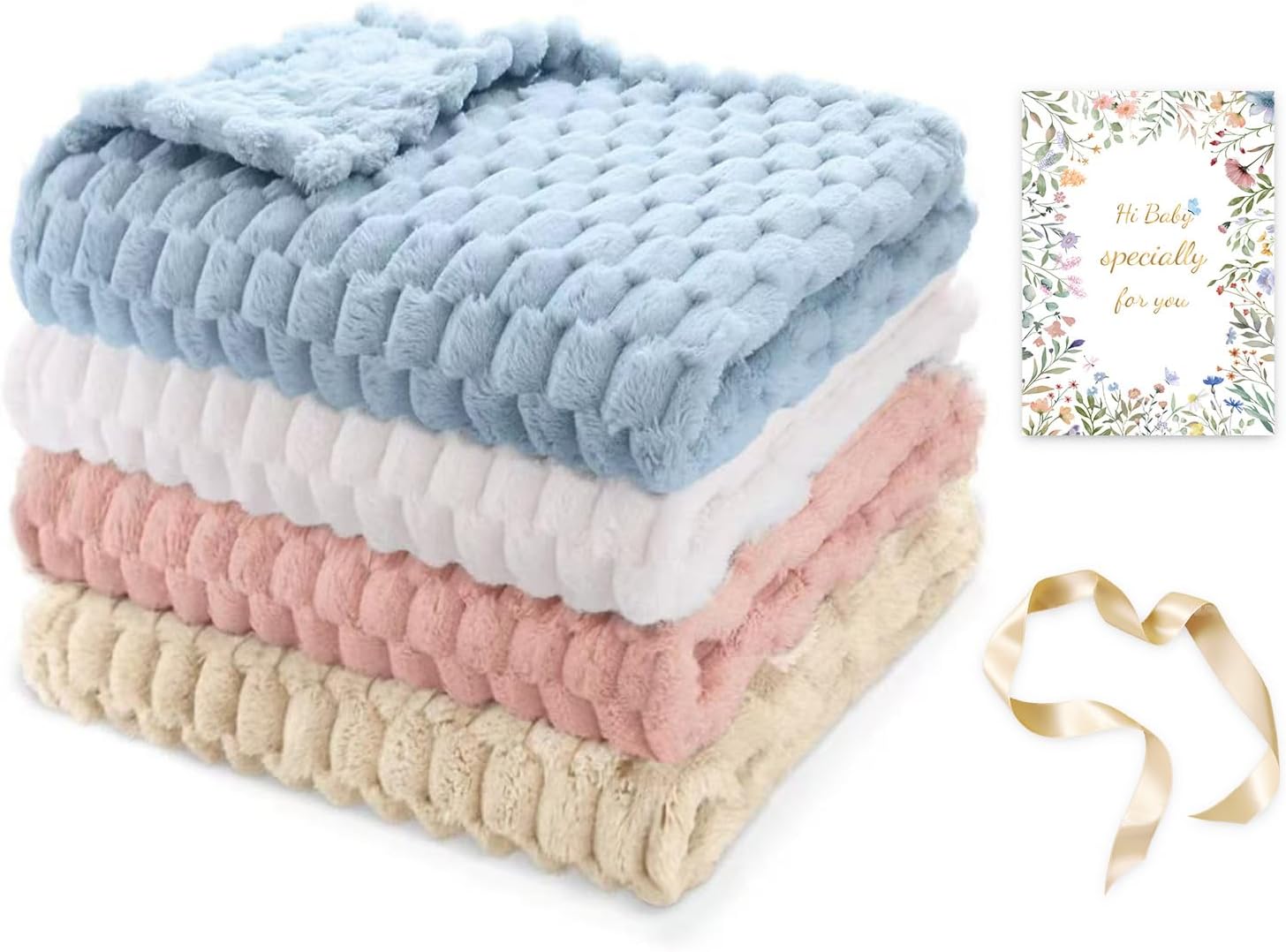 HOMRITAR 4 Pcs Baby Fuzzy Blanket 3D Jacquard Fluffy Blankets for Boy Girls, Soft Warm Cozy Flannel Fleece Warm Blanket Nursery, Stroller Toddler Bedding, 30 x 40 Inch (Blue, Cream, Pink, Khaki)