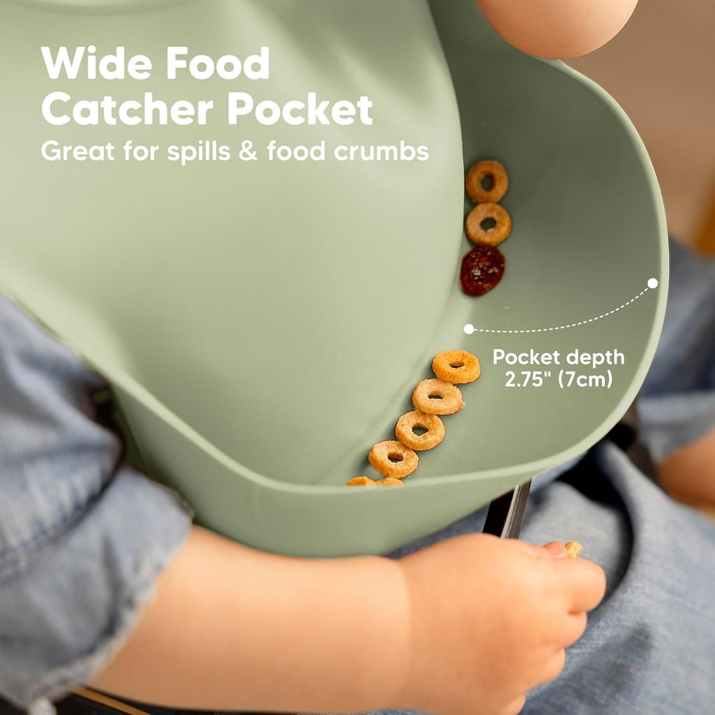 KeaBabies 2-Pack Silicone Baby Bibs for Eating - Sturdy Food-Grade Silicone Bibs for Babies Girl, Boy, Large Food Catcher, Clean & Put On Easily, Waterproof Toddler Feeding Essentials (Sage)