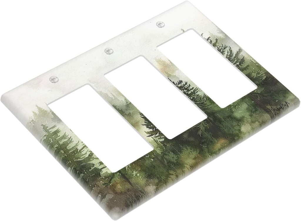 Light Switch Covers Green Forest Watercolor Painting Foggy Pine 3 Gang Rocker Electrical GFCI Decorative Triple Outlet Wall Plate Cover Switchplate for Bedroom living Room Decor