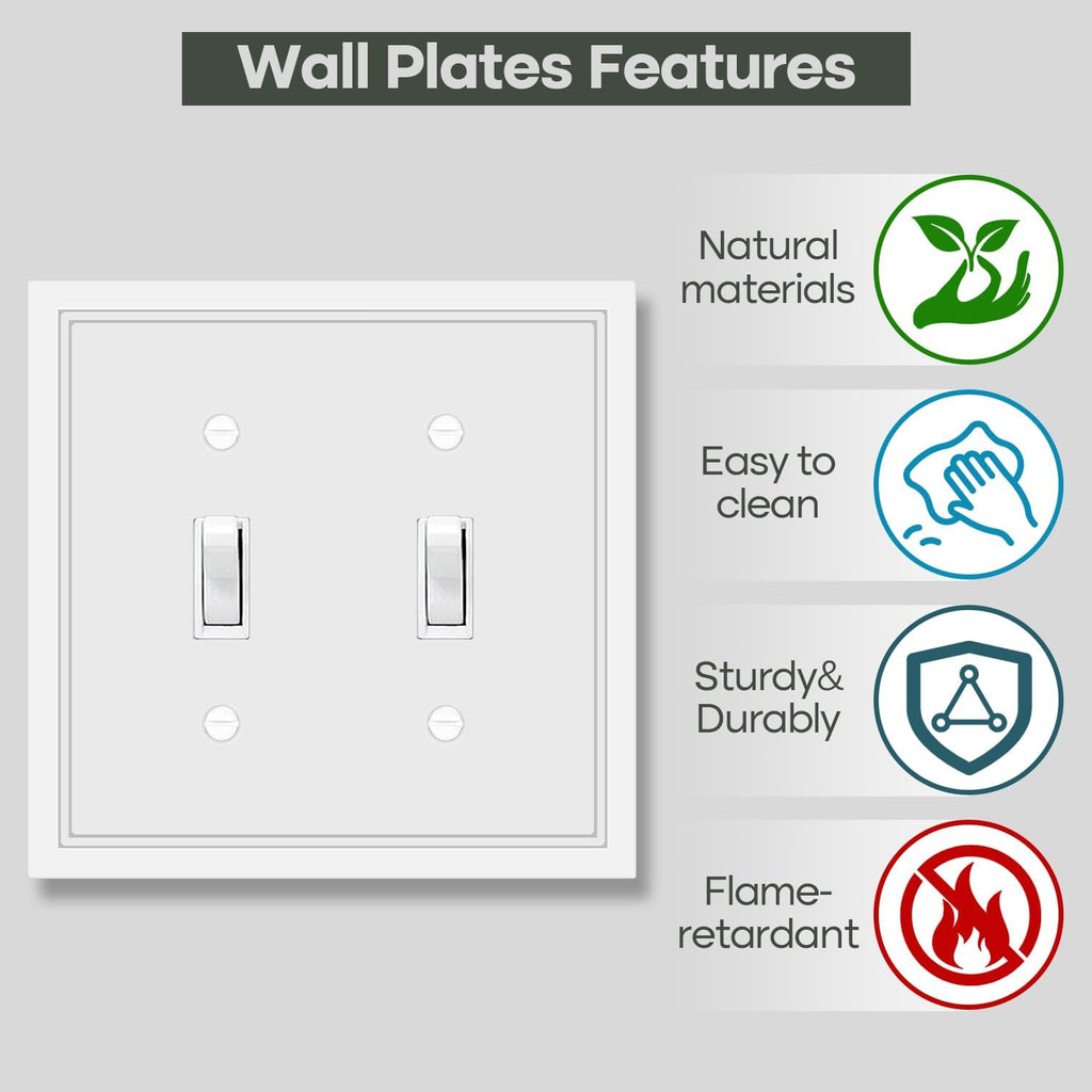 Double Toggle Light Switch Cover Plate White Classic Decorative Light Switch Plates Cover 2 Gang Wall Plate Switch Cover, 2 Pack