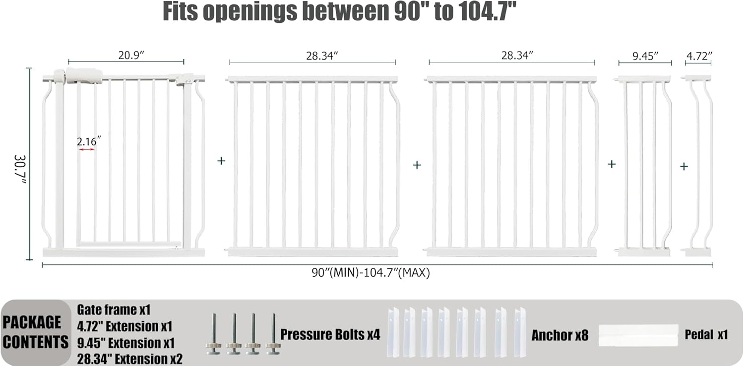 Heavy Duty Baby & Dog Safety Gate 86-104.7 Inch, White Metal, Tension Mounted No Drilling Pet Gate for Large Openings
