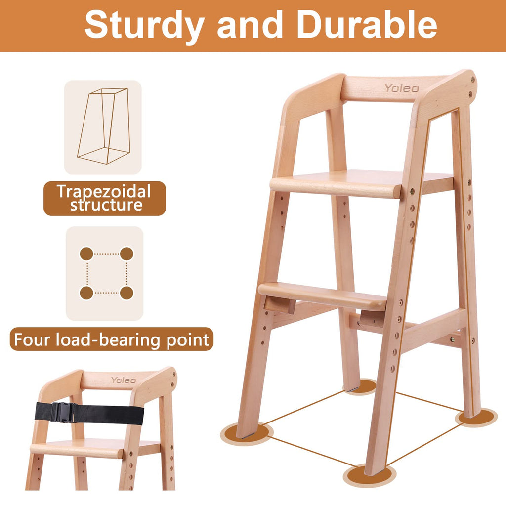 YOLEO High Chair Wooden for Toddlers Junior Childs, Sturdy Durable Dining Feeding Chair with Steps Grows with Child, Max 60kg (Natural Color)