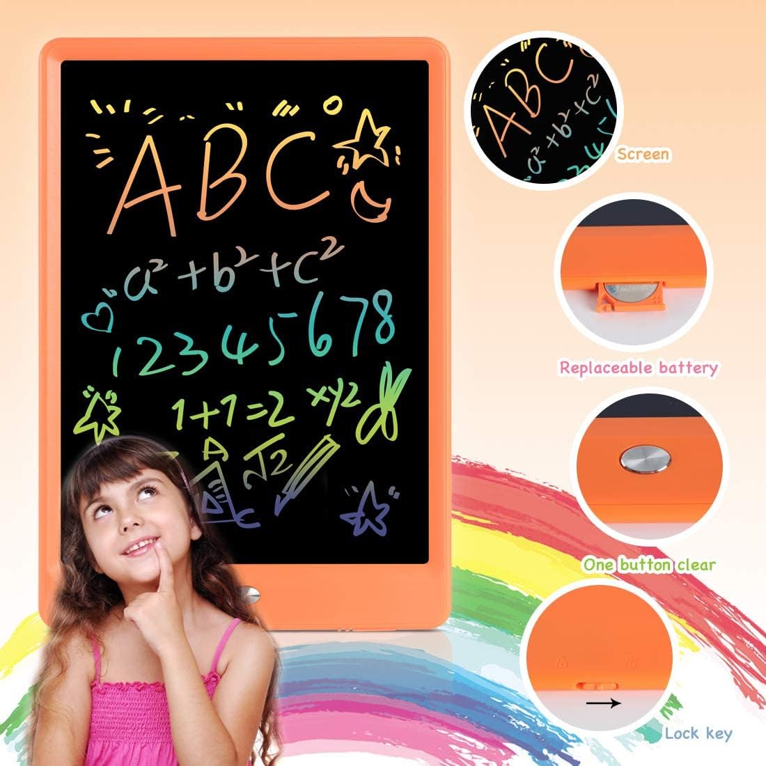 ORSEN LCD Writing Tablet 10 Inch, Colorful Doodle Board Drawing Tablet, Erasable Reusable Writing Pad, Educational for 3-6 Year Old Girls Boys(Orange)