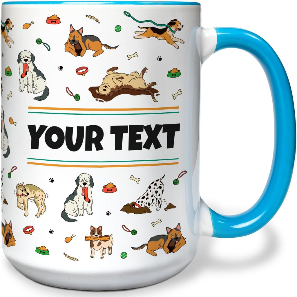 Personalized Mug for Kids - Dogs - Custom Name/Text, Ceramic Hot Chocolate/Cocoa/Coffee Cup for Boys/Girls, Birthday/Christmas/Holiday Gift - 15 oz, Light Blue Handle