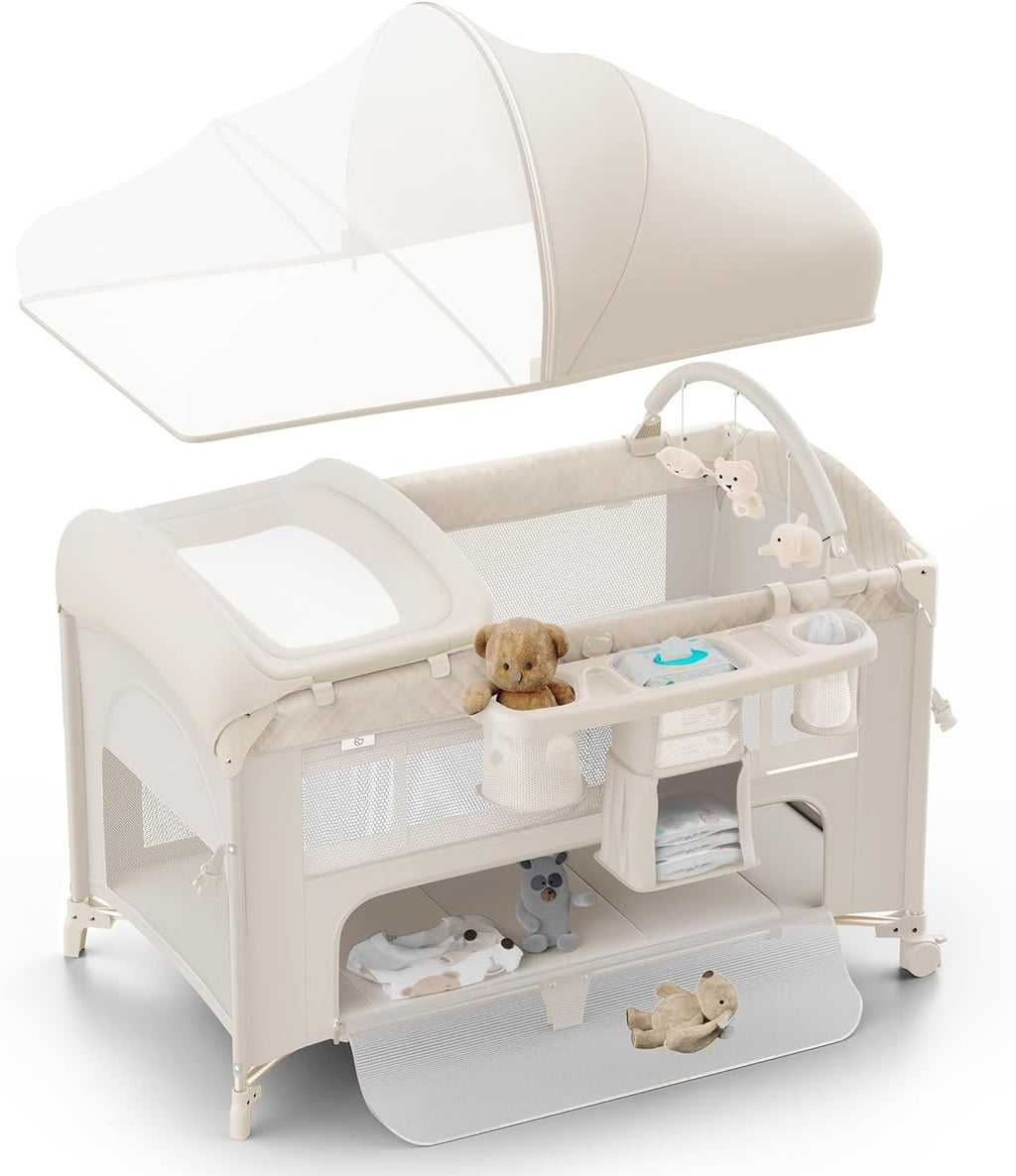 4 in 1 Baby Bassinet, Pack and Play, Bedside Crib Sleeper, Diaper Changer - Comes with Mattress, Mosquito Net，Bottom Storage and Toy Bar for Newborn to Toddles