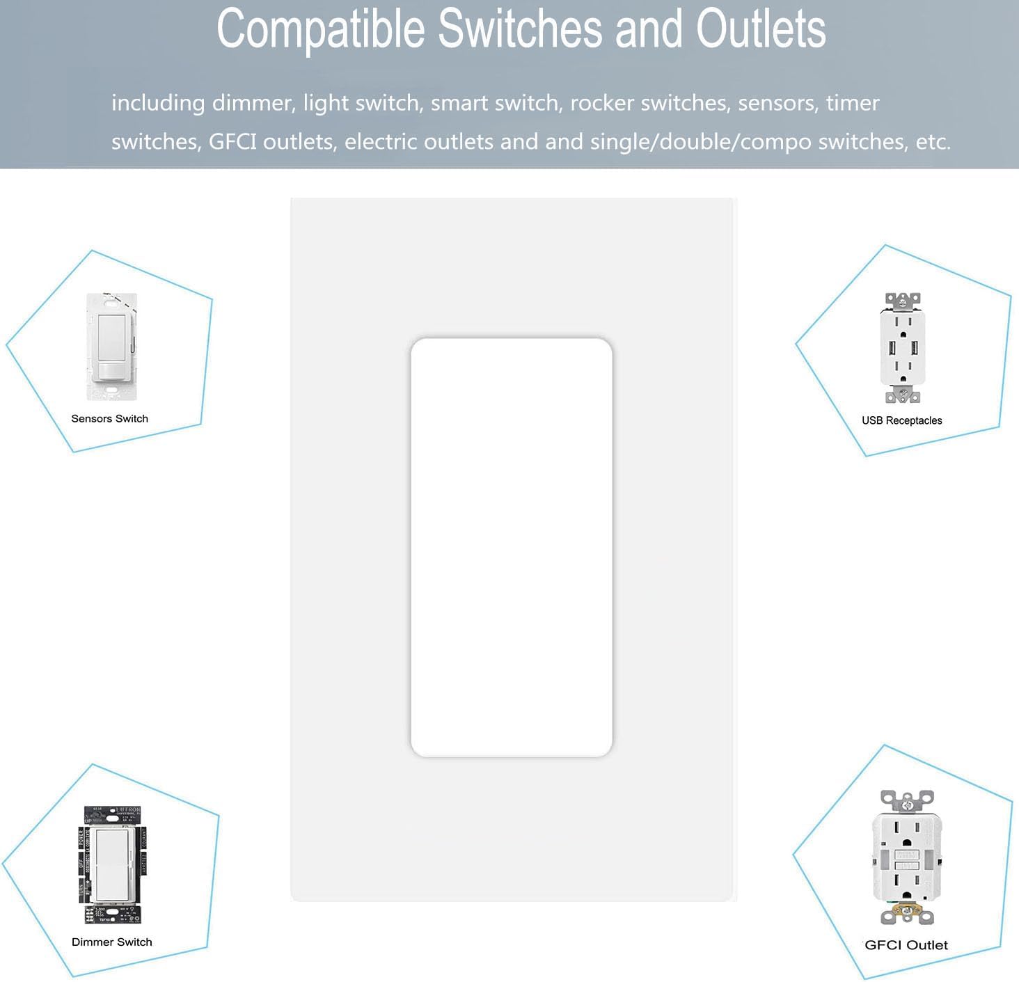 1-Gang Screwless Decora Wall Plate Cover Single Switch Outlet Electrical Faceplate for Light Switch, Smart Switch, Receptacle, Dimmers, USB Outlet, GFCI, Child Safe Cover Plate, White (4-Pack)