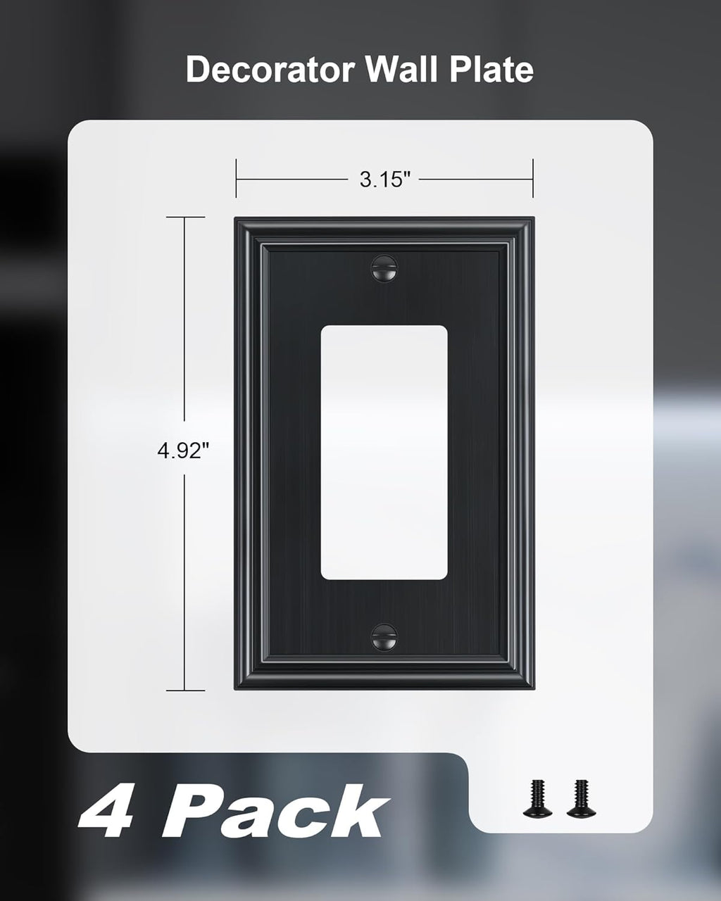 TREWELL 4-Pack Black Decorative Switch Plates and Outlet Covers, Durable Zinc Alloy, Compatible with Decorator Outlet Receptacle, Rocker Switch, Dimmer Switch, GFCI Outlets, Size 3.15''W x 4.92''H