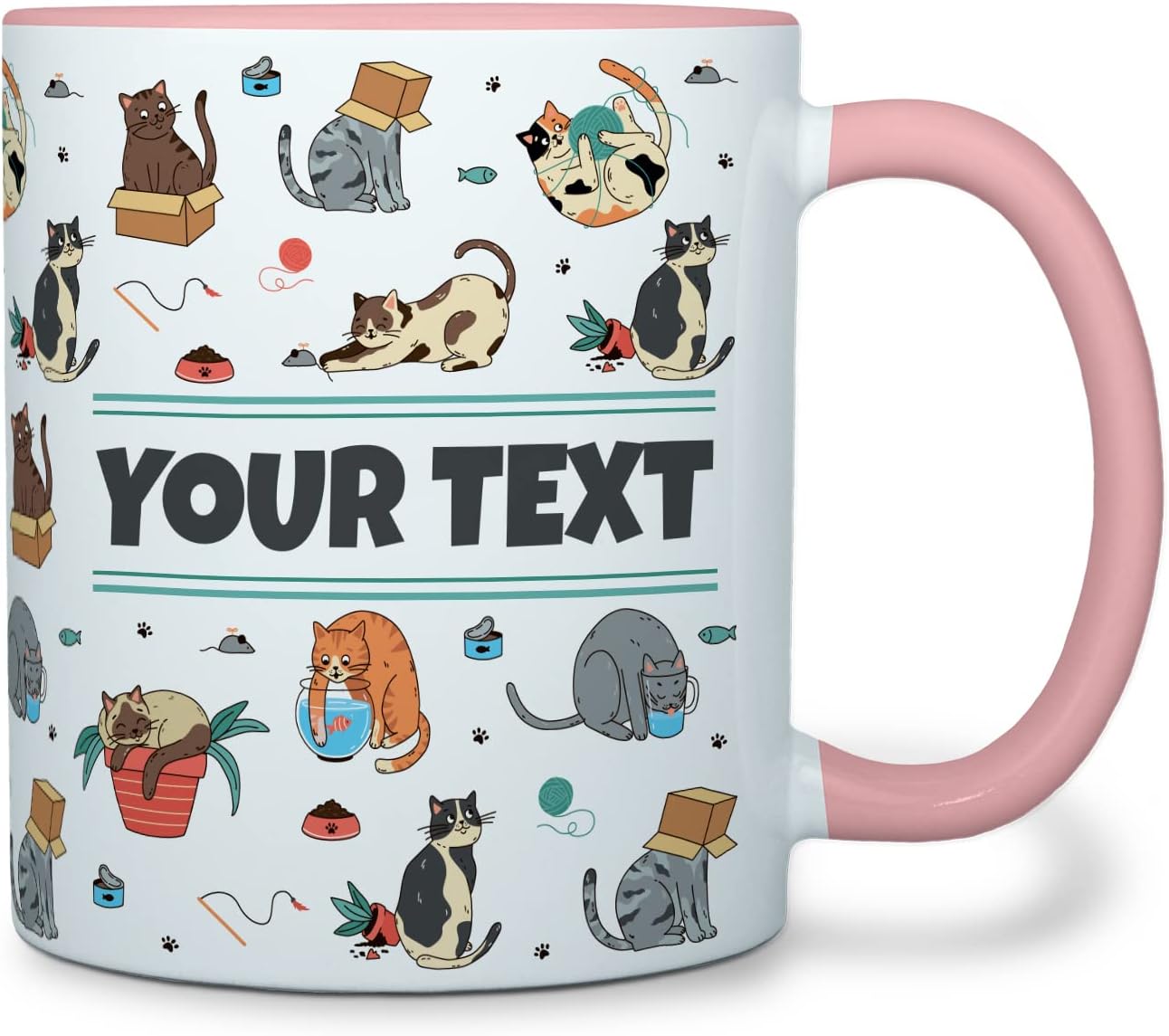Personalized Mug for Kids - Cats - Custom Name/Text, Ceramic Hot Chocolate/Cocoa/Coffee Cup for Boys/Girls, Birthday/Christmas/Holiday Gift - 11 oz, Pink Handle
