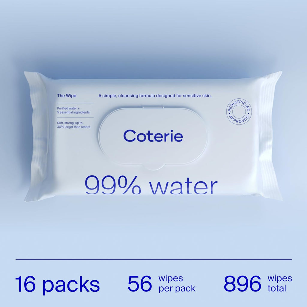 Coterie Baby Wipes for Sensitive Skin, Plant-Based and Plastic-Free Fibers, 99% Water, Hypoallergenic, pH Balanced, Unscented, Clean and Gentle Baby Essentials, 16 Pack, 896 Count
