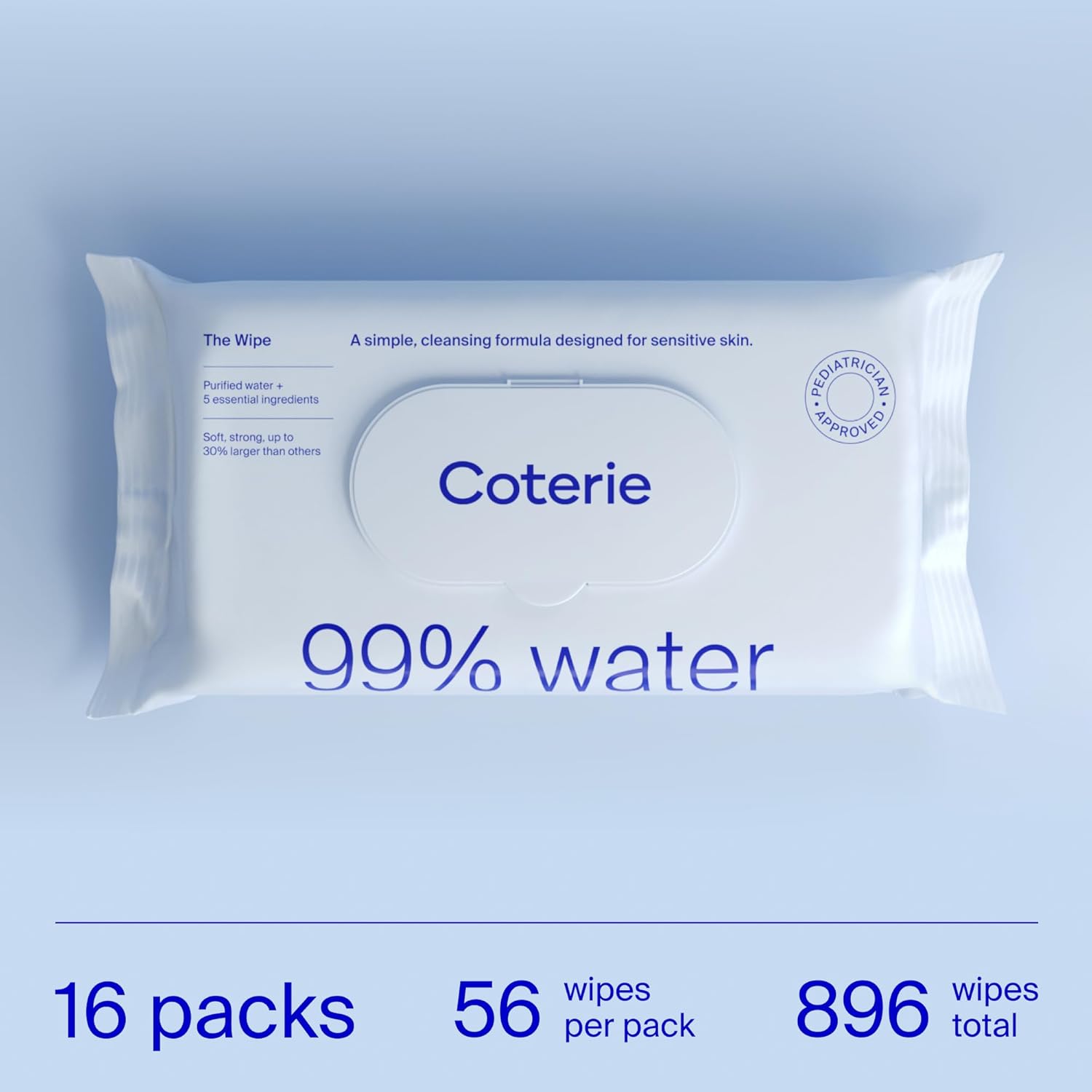Coterie Baby Wipes for Sensitive Skin, Plant-Based and Plastic-Free Fibers, 99% Water, Hypoallergenic, pH Balanced, Unscented, Clean and Gentle Baby Essentials, 16 Pack, 896 Count