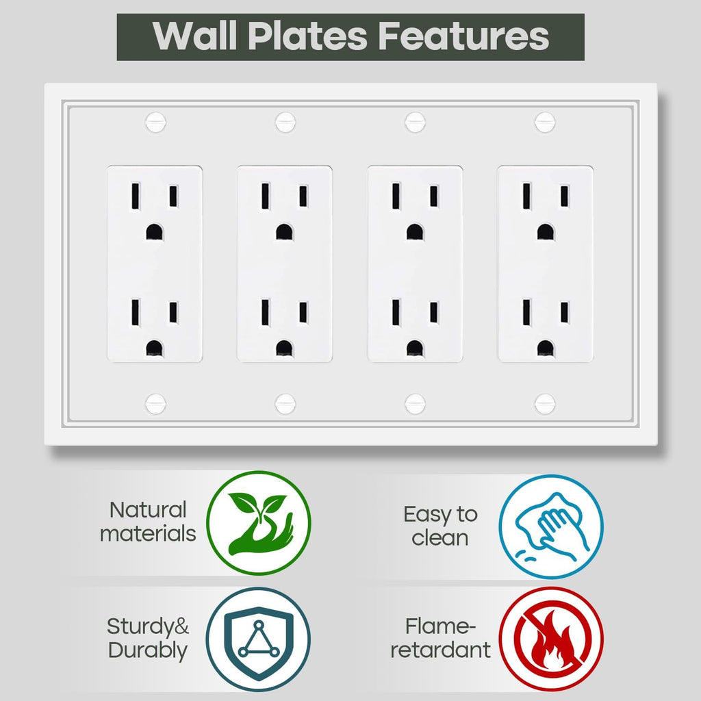 Light Switch Cover Plate White Classic Decorative Switch Plates Cover Bamboo Fiber Wall Plate Cover for Decorator, Duplex, Toggle, Combo(4-Gang Quad Decorator,1 Pack), NF010