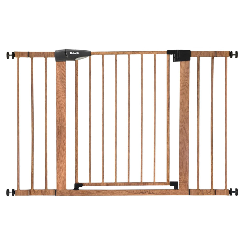 BABELIO 29-48" Metal Baby Gate with Brown Wood Pattern, Auto Close Dog Gate for The House, Stairs and Doorways, Pressure Mounted Pet Gate with Door, Safety Gate for Child and Pets
