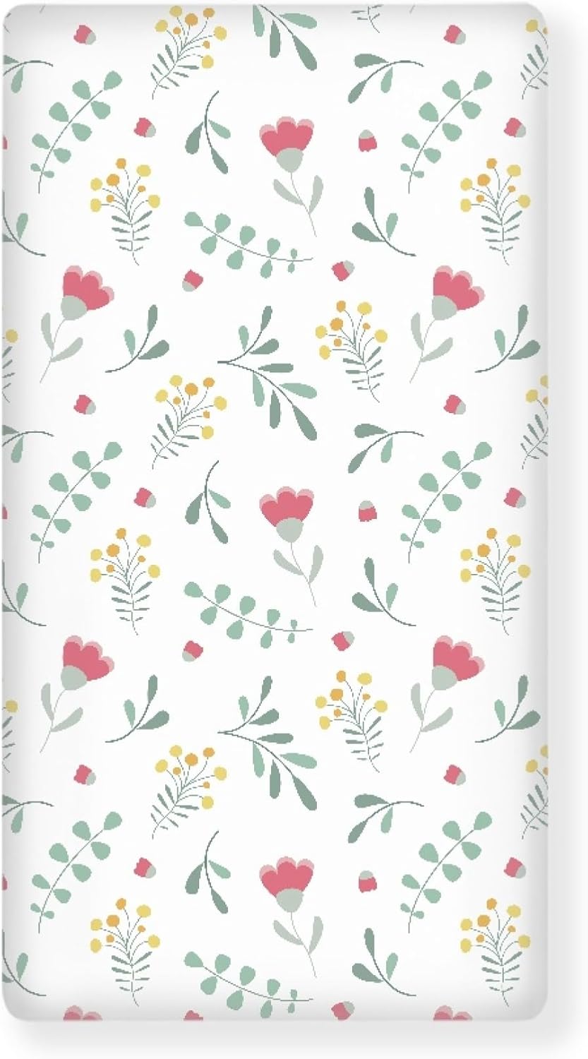 Floral Pattern Flowers and Leaves Fitted Crib Sheet Tulip Flower Baby Crib Sheet Fit Standard Crib and Toddler Mattress,Crib Mattress Sheets for Boys Girls 28"x52"